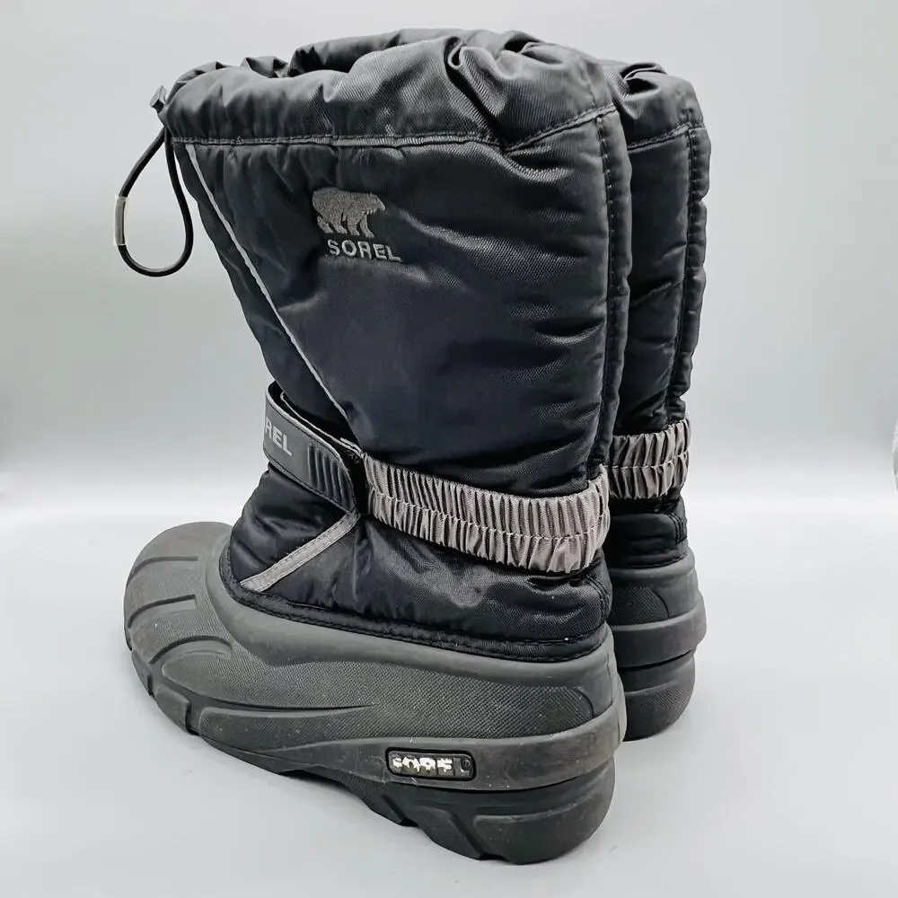 Sorel Boots Boys Girls 5 Black Mid Calf Hook & Loop Waterproof Snow Winter Shoes